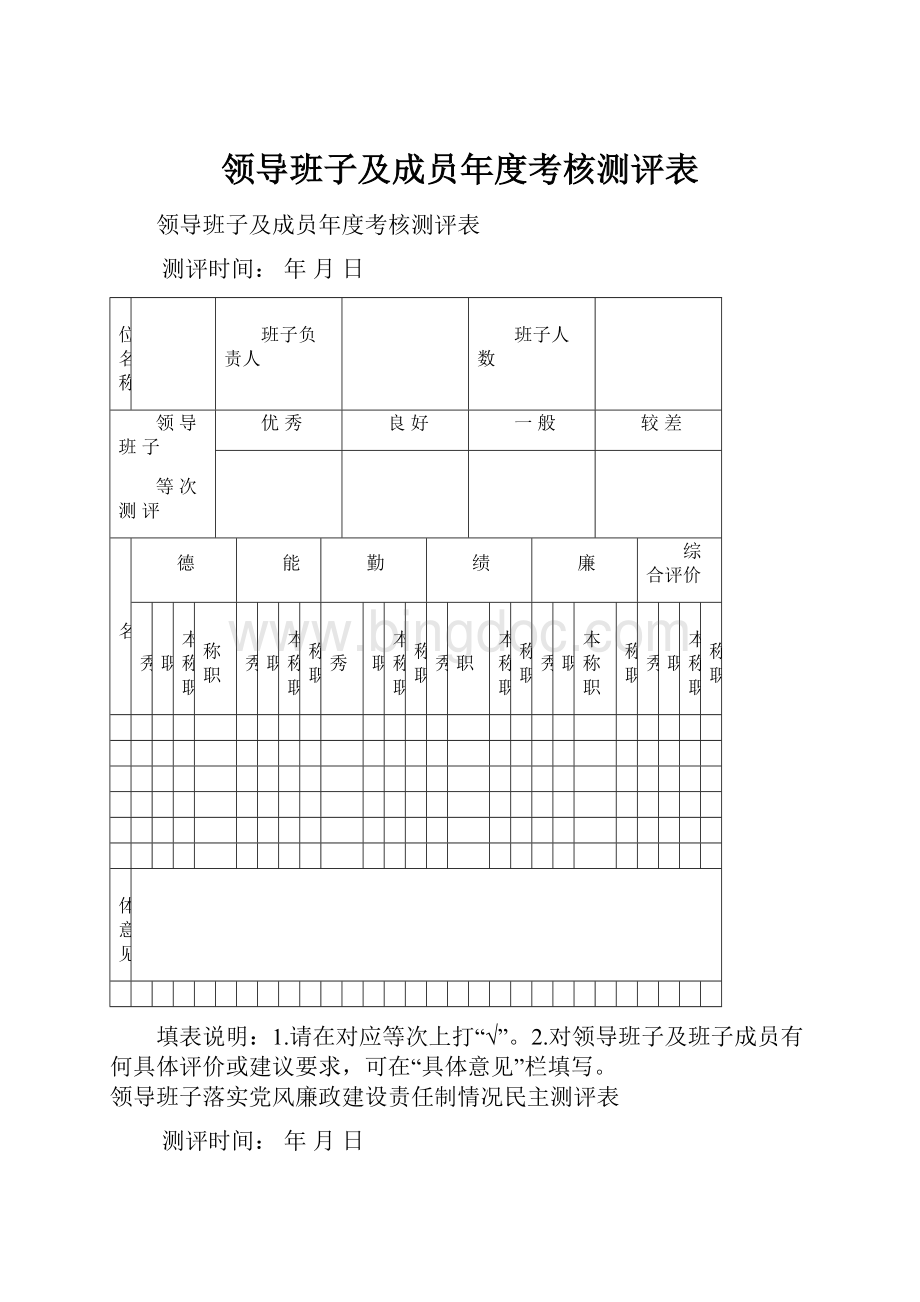 领导班子及成员年度考核测评表.docx