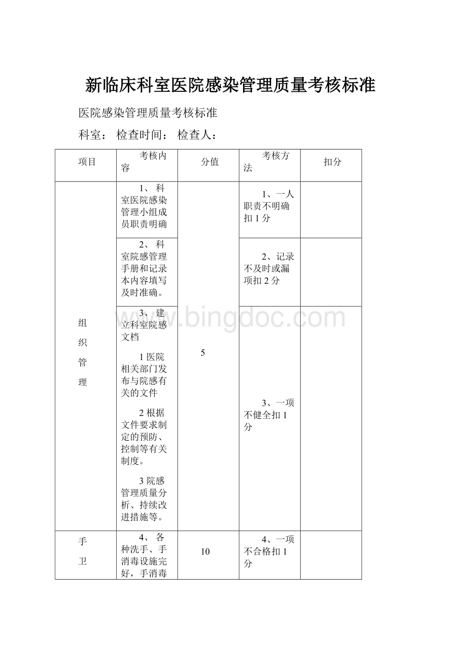 新临床科室医院感染管理质量考核标准.docx