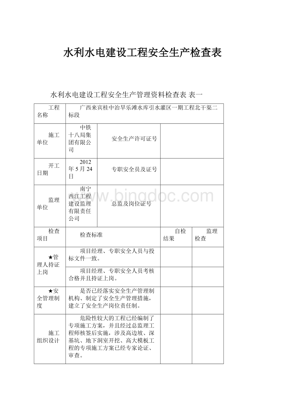 水利水电建设工程安全生产检查表.docx_第1页