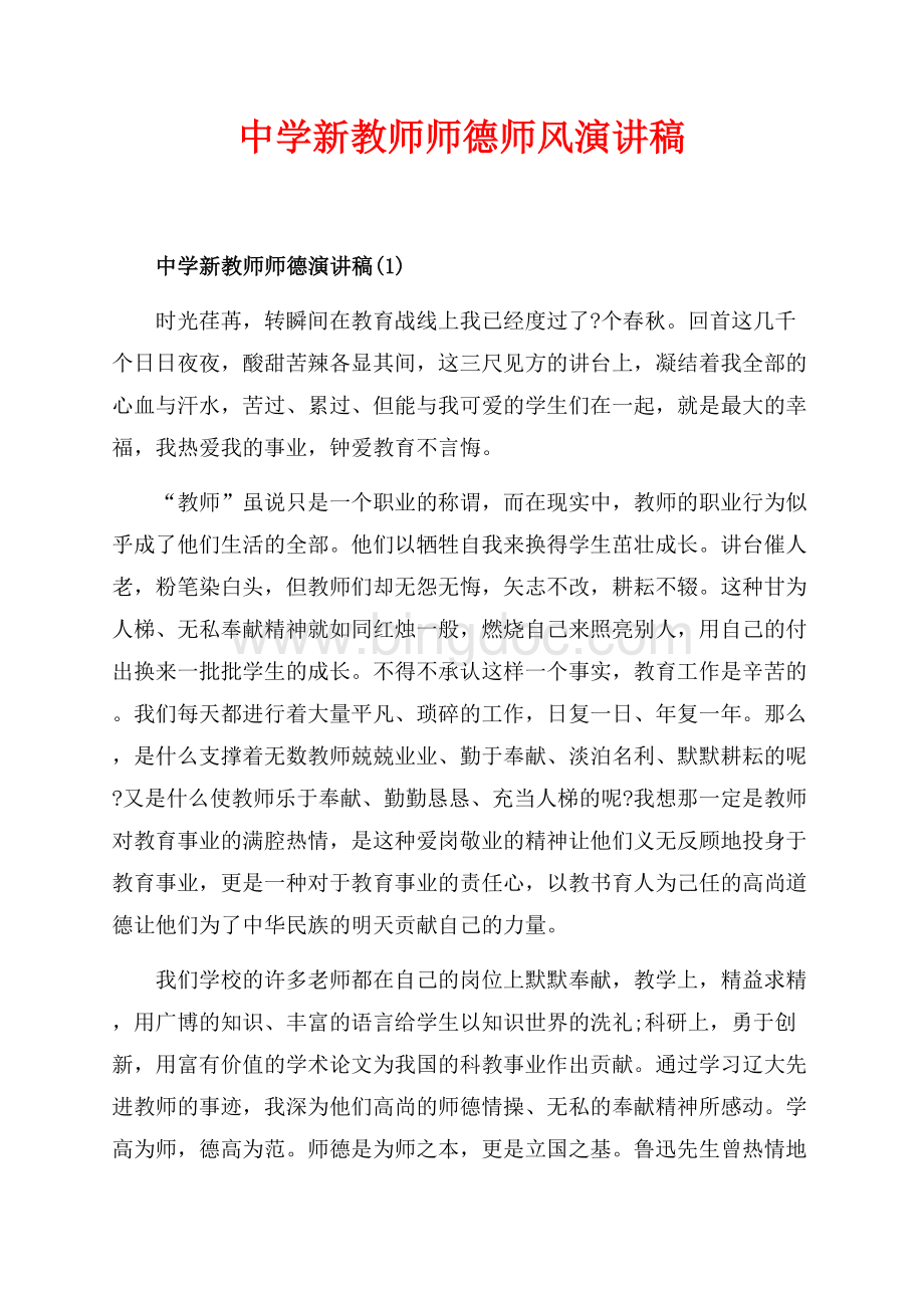 中学新教师师德师风演讲稿（共5页）3200字.docx