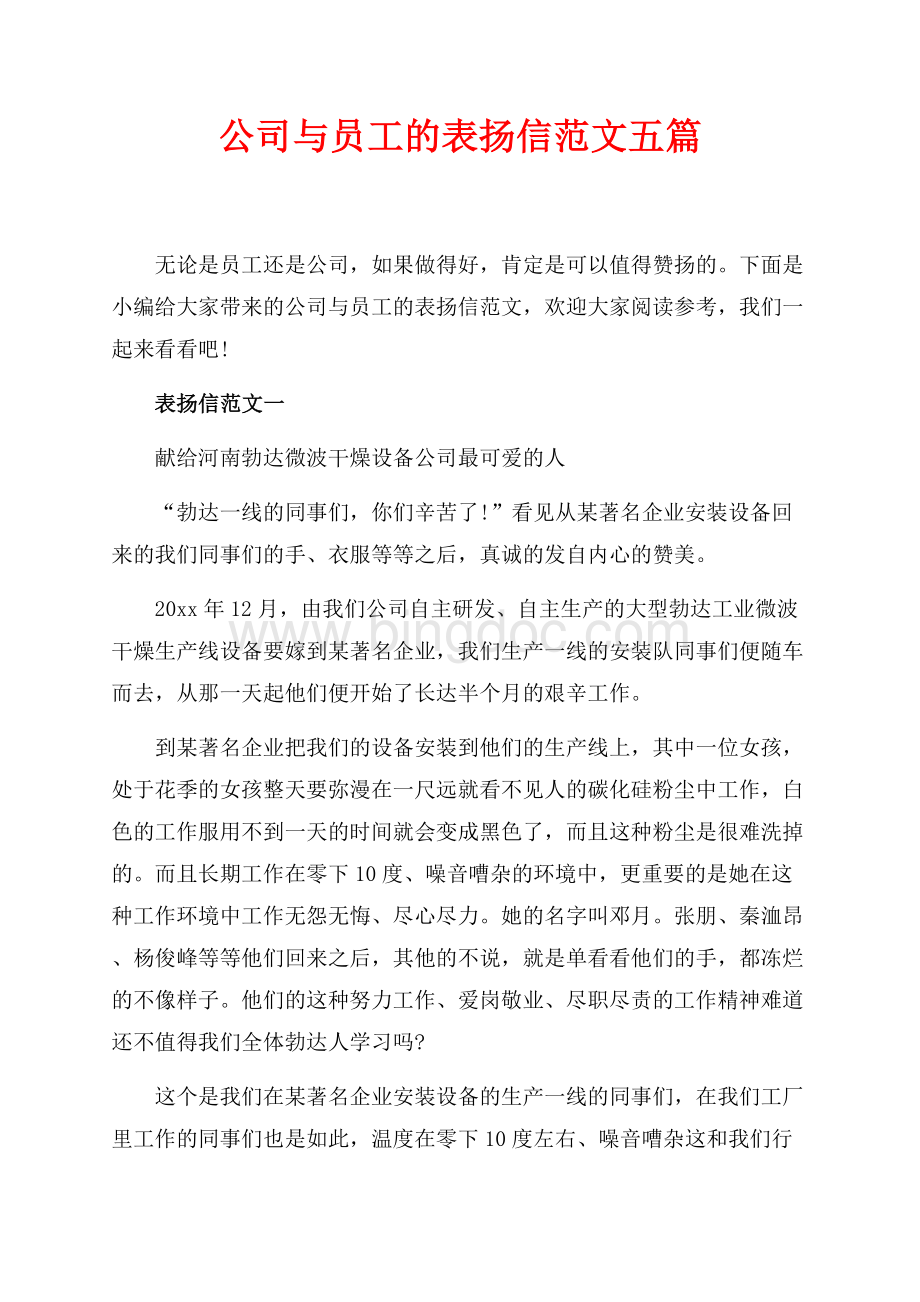 公司与员工的表扬信范文五篇（共5页）3100字.docx