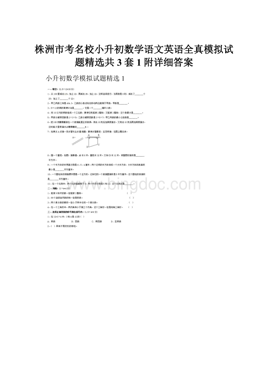 株洲市考名校小升初数学语文英语全真模拟试题精选共3套1附详细答案.docx