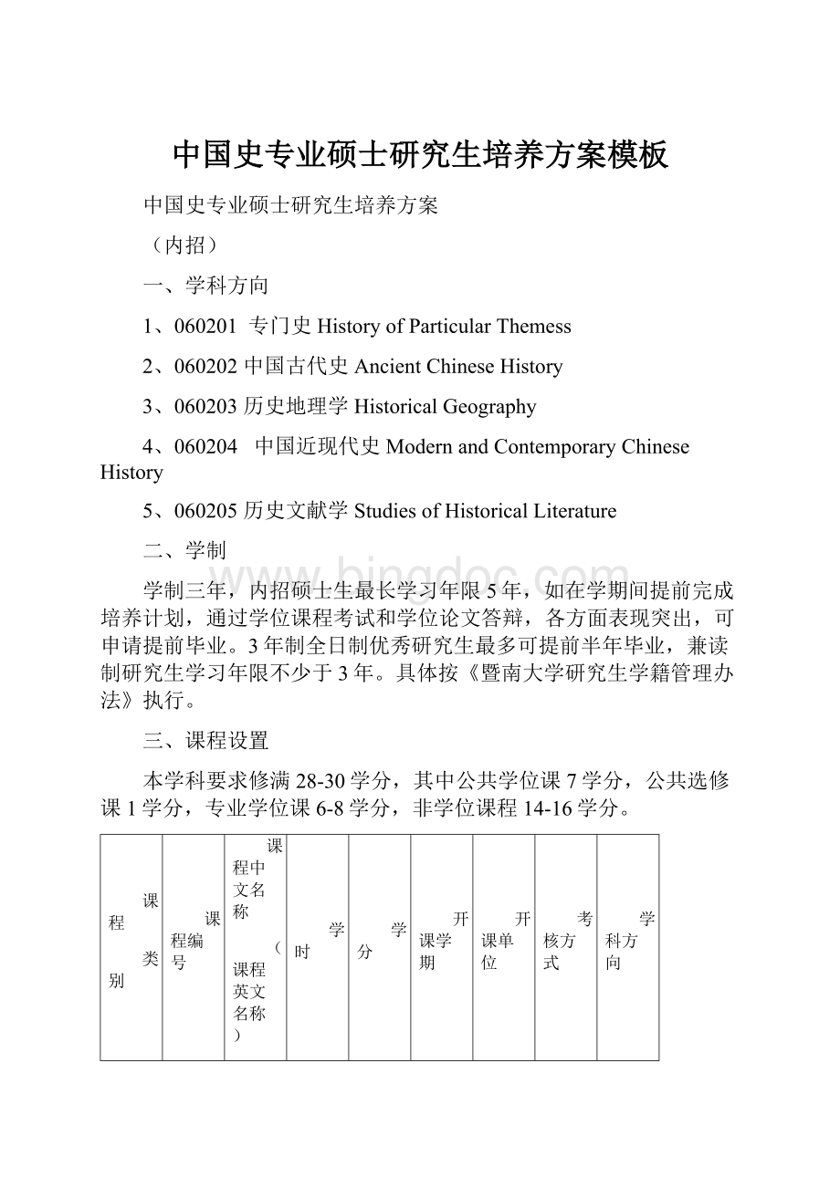 中国史专业硕士研究生培养方案模板.docx_第1页
