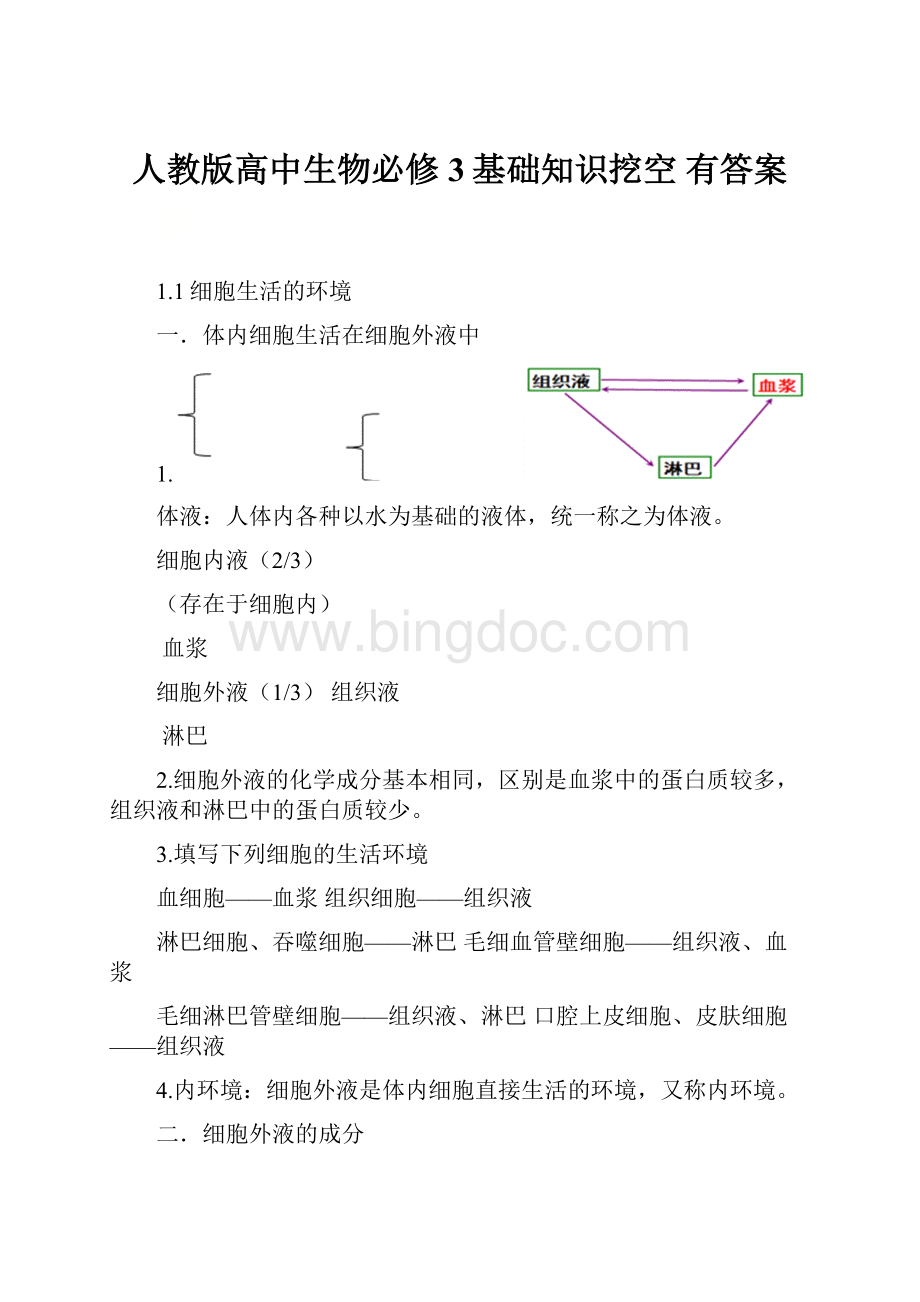 人教版高中生物必修3基础知识挖空有答案.docx