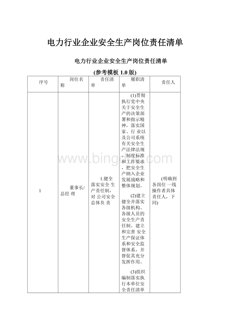 电力行业企业安全生产岗位责任清单.docx