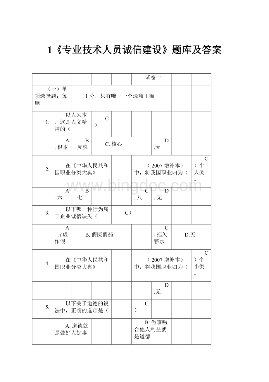 1《专业技术人员诚信建设》题库及答案.docx