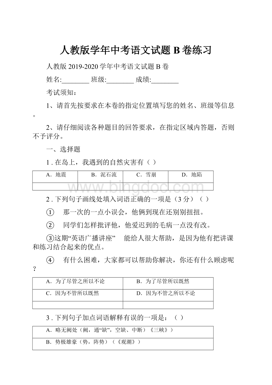 人教版学年中考语文试题B卷练习.docx