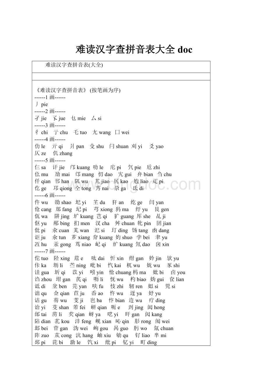 难读汉字查拼音表大全doc.docx