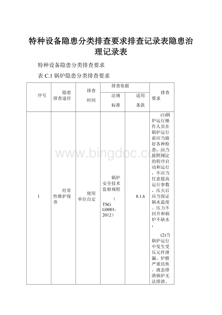 特种设备隐患分类排查要求排查记录表隐患治理记录表.docx