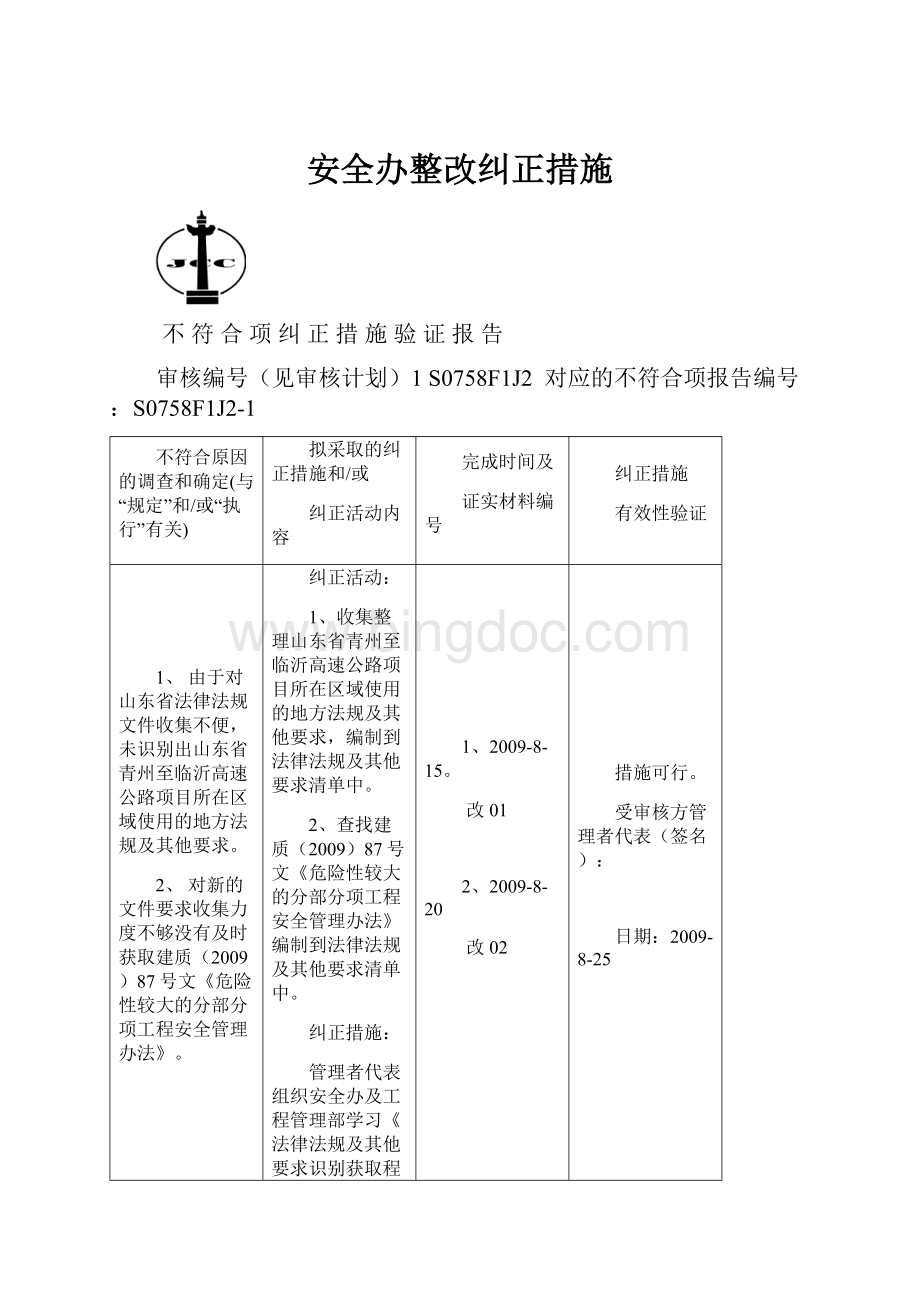 安全办整改纠正措施.docx_第1页