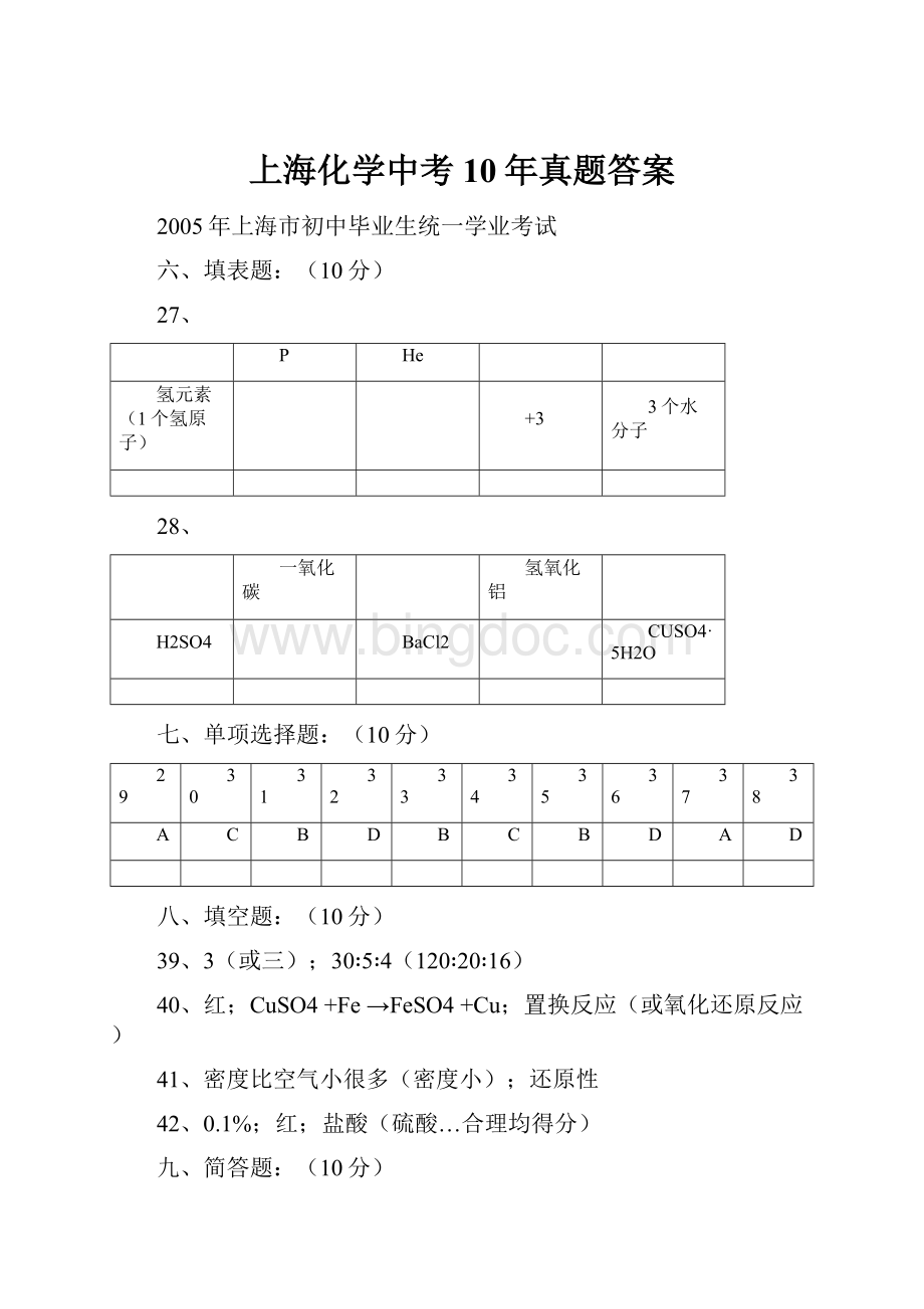 上海化学中考10年真题答案.docx_第1页