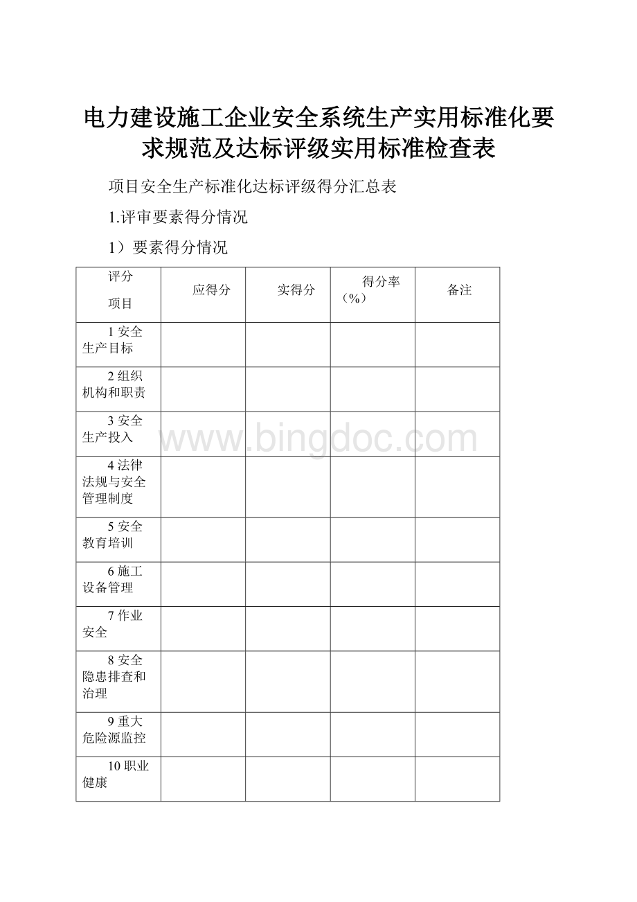 电力建设施工企业安全系统生产实用标准化要求规范及达标评级实用标准检查表.docx