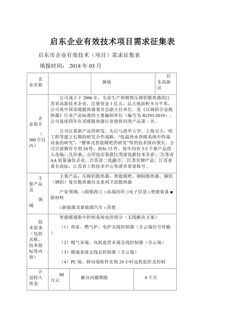 启东企业有效技术项目需求征集表.docx_第1页