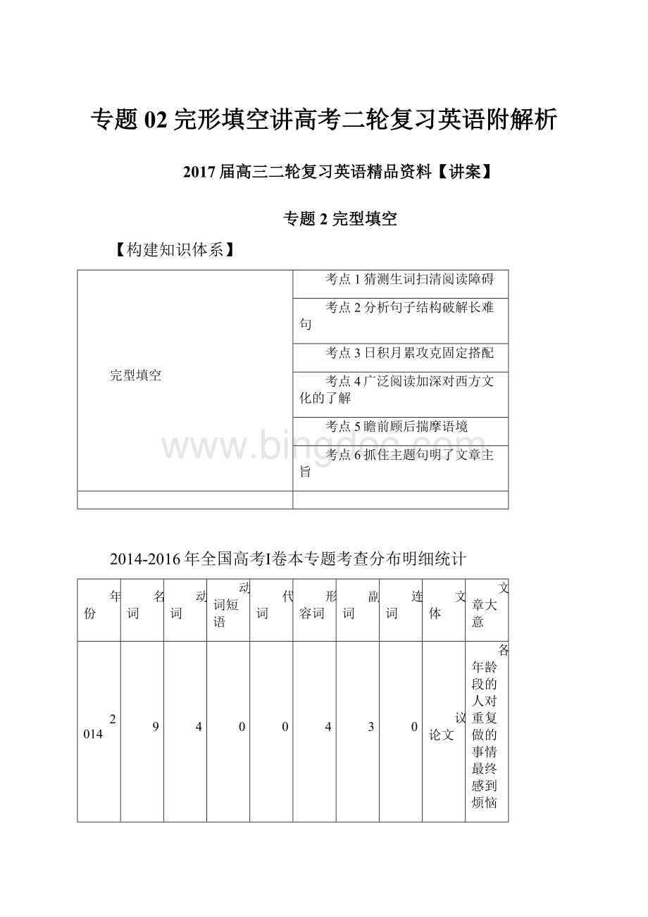 专题02完形填空讲高考二轮复习英语附解析.docx_第1页