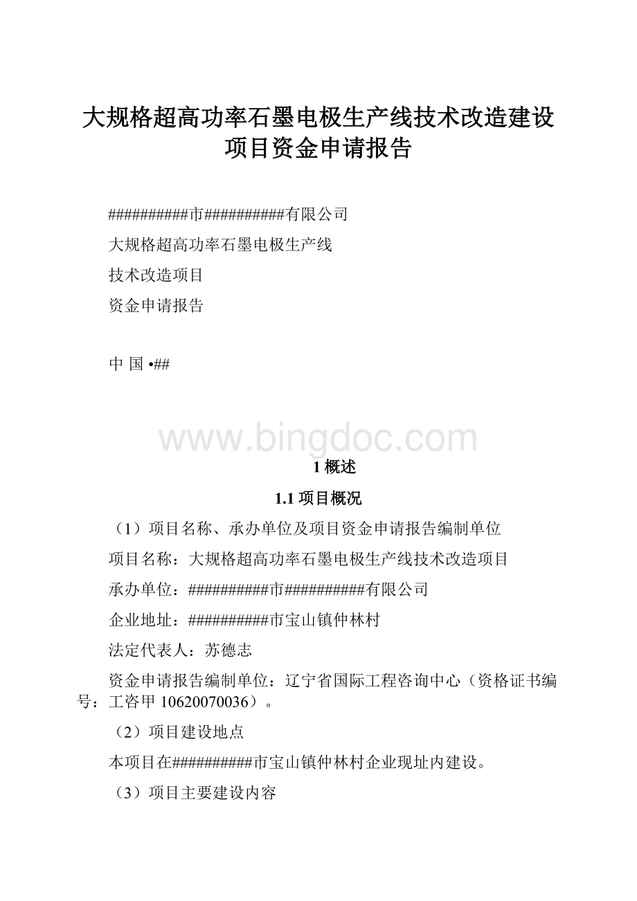 大规格超高功率石墨电极生产线技术改造建设项目资金申请报告.docx_第1页