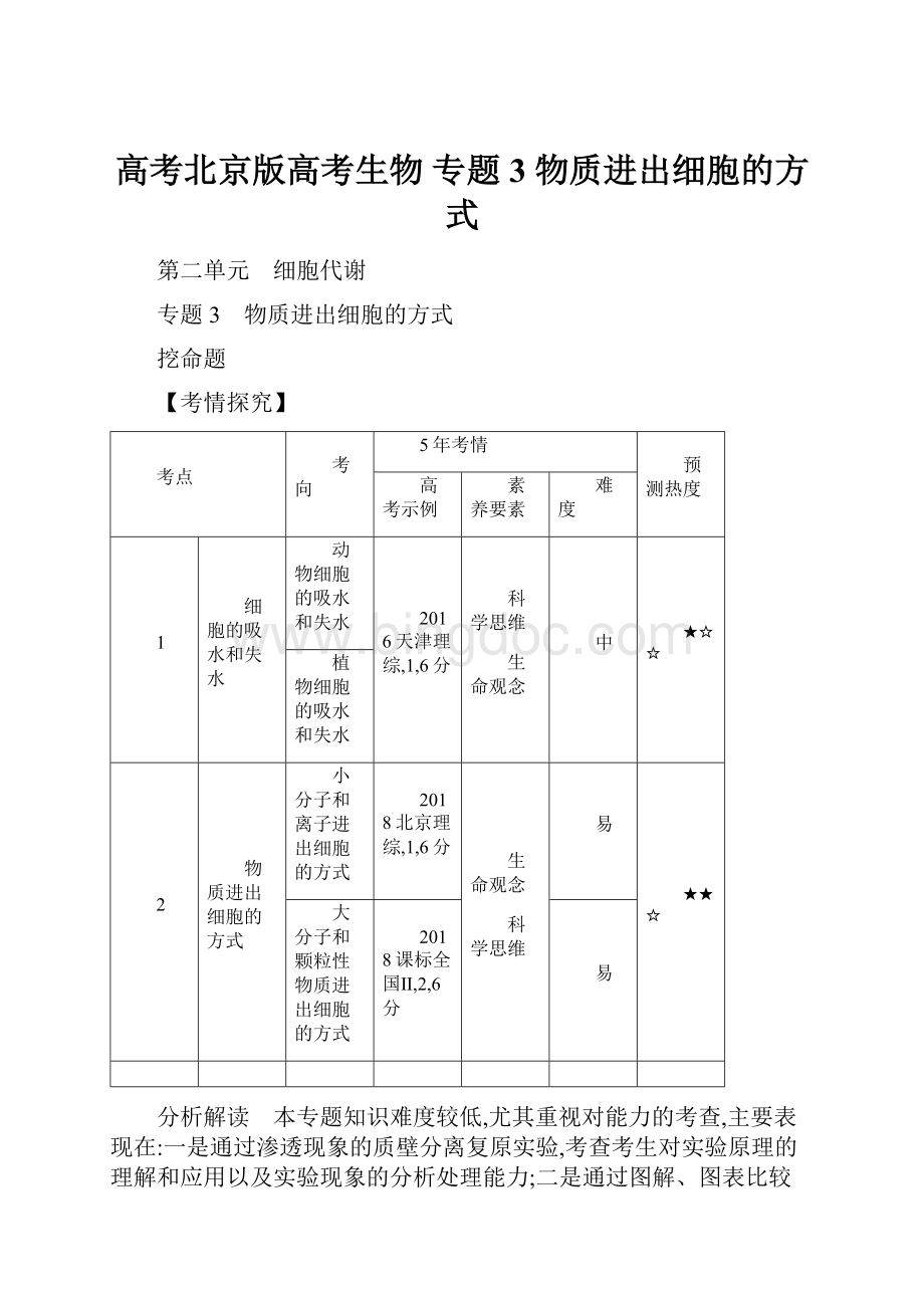 高考北京版高考生物 专题3 物质进出细胞的方式.docx