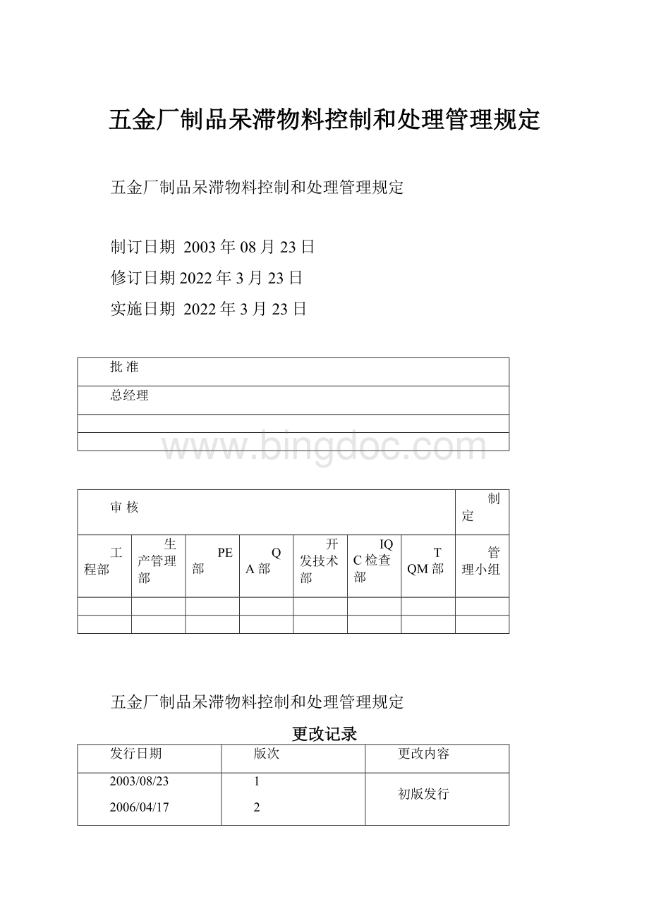 五金厂制品呆滞物料控制和处理管理规定.docx_第1页