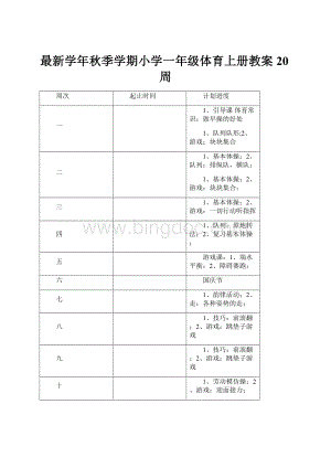 最新学年秋季学期小学一年级体育上册教案20周.docx