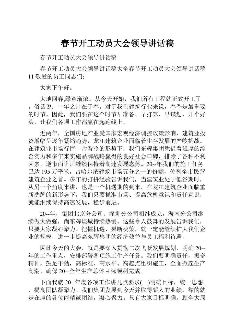 春节开工动员大会领导讲话稿.docx_第1页