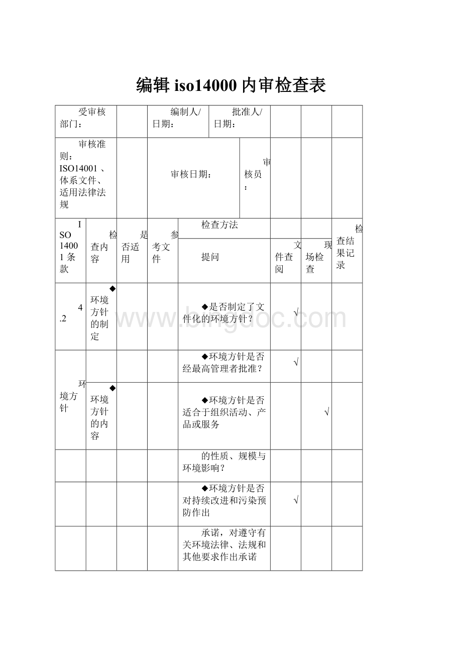 编辑iso14000内审检查表.docx_第1页