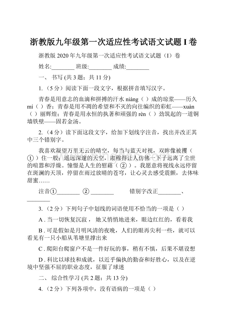 浙教版九年级第一次适应性考试语文试题I卷.docx