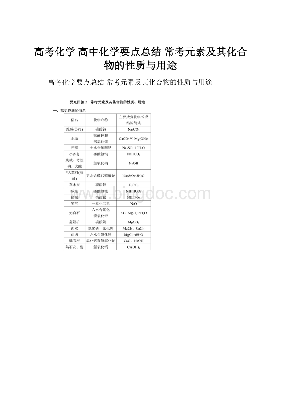 高考化学 高中化学要点总结 常考元素及其化合物的性质与用途.docx_第1页