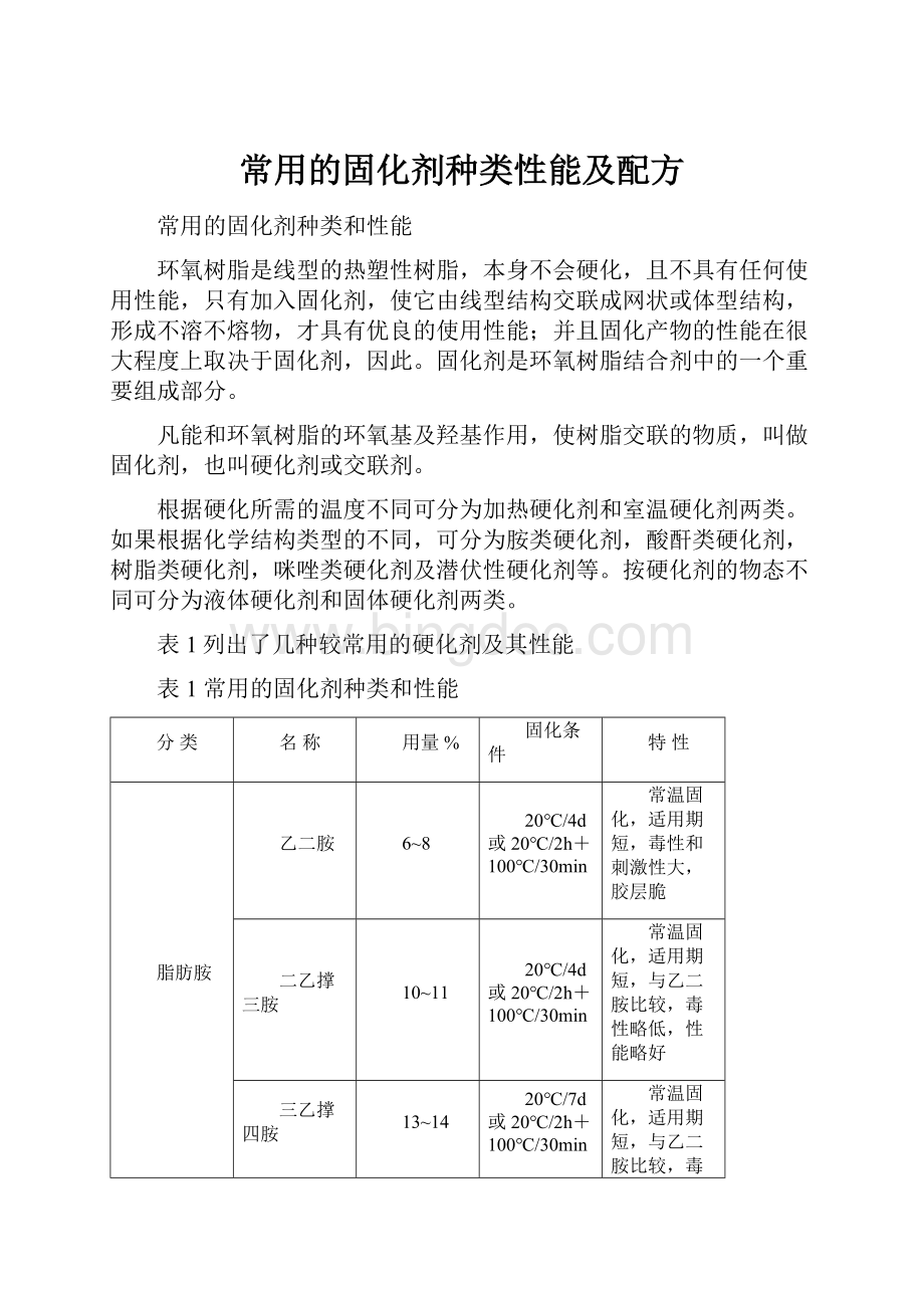 常用的固化剂种类性能及配方.docx