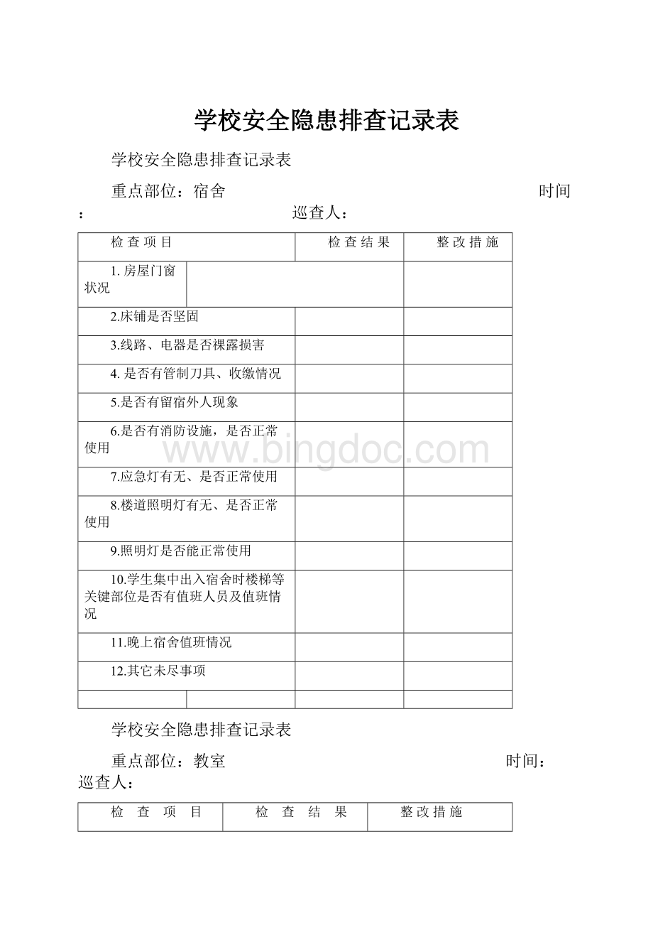 学校安全隐患排查记录表.docx_第1页