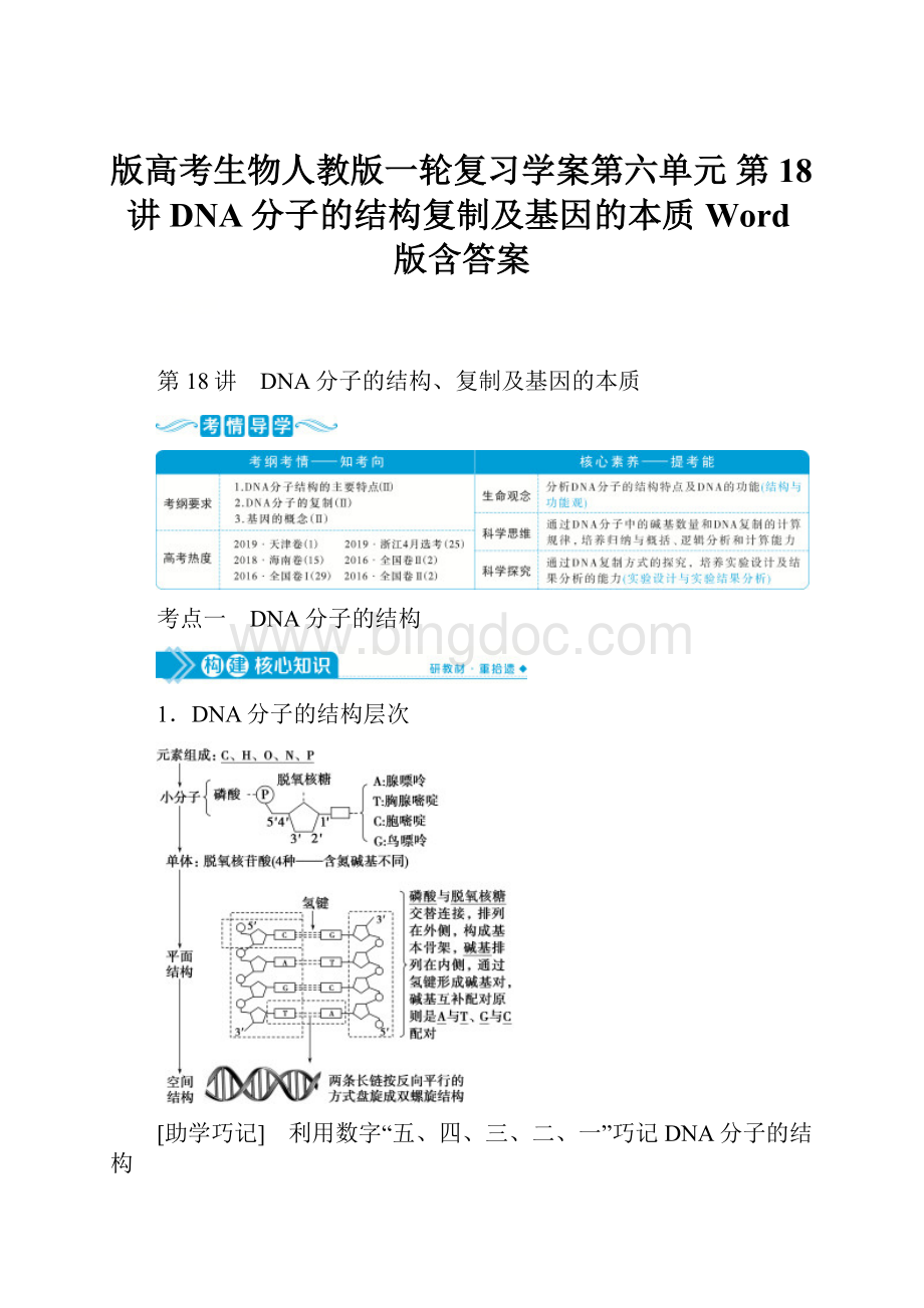 版高考生物人教版一轮复习学案第六单元 第18讲 DNA分子的结构复制及基因的本质 Word版含答案.docx