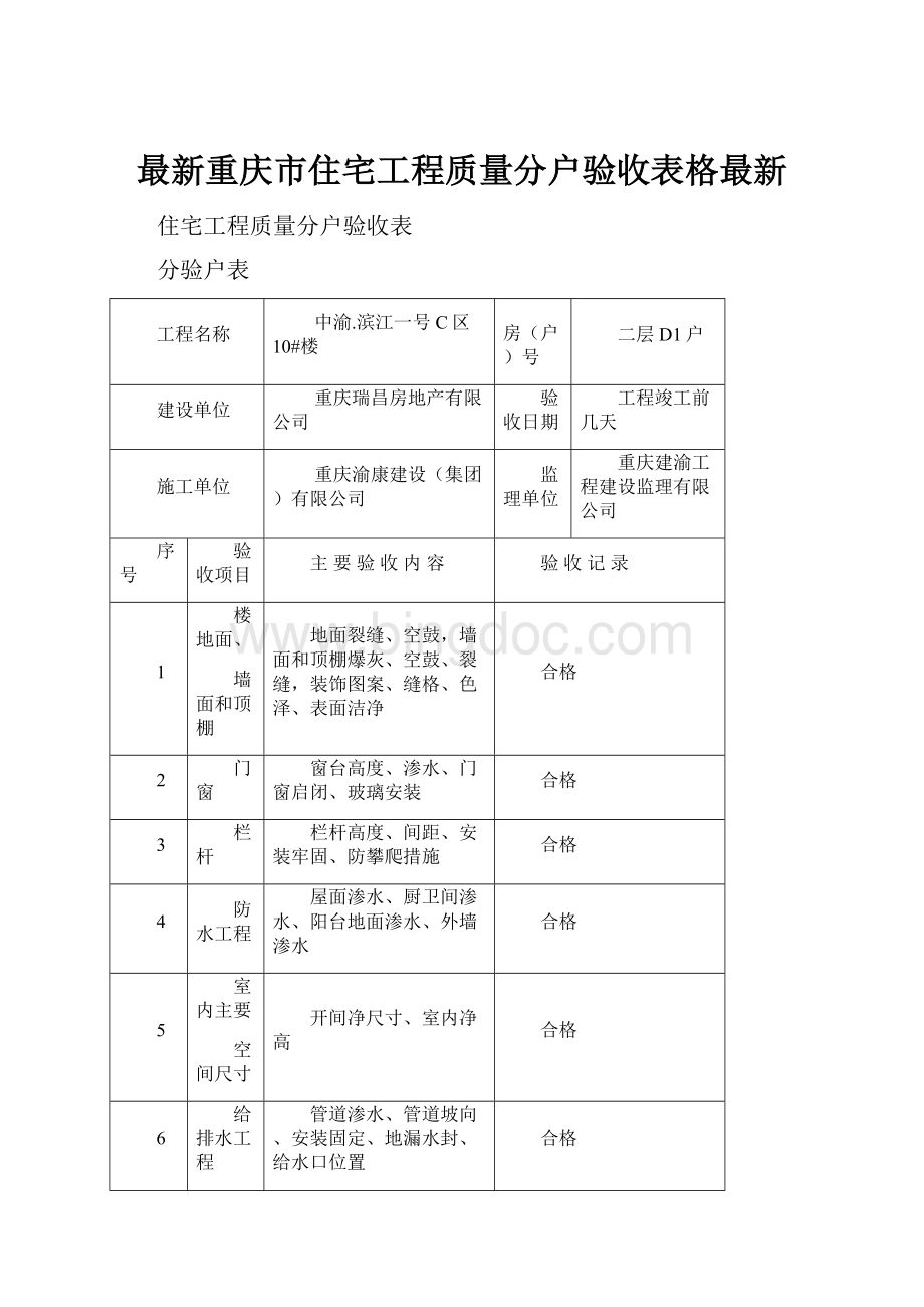 最新重庆市住宅工程质量分户验收表格最新.docx_第1页