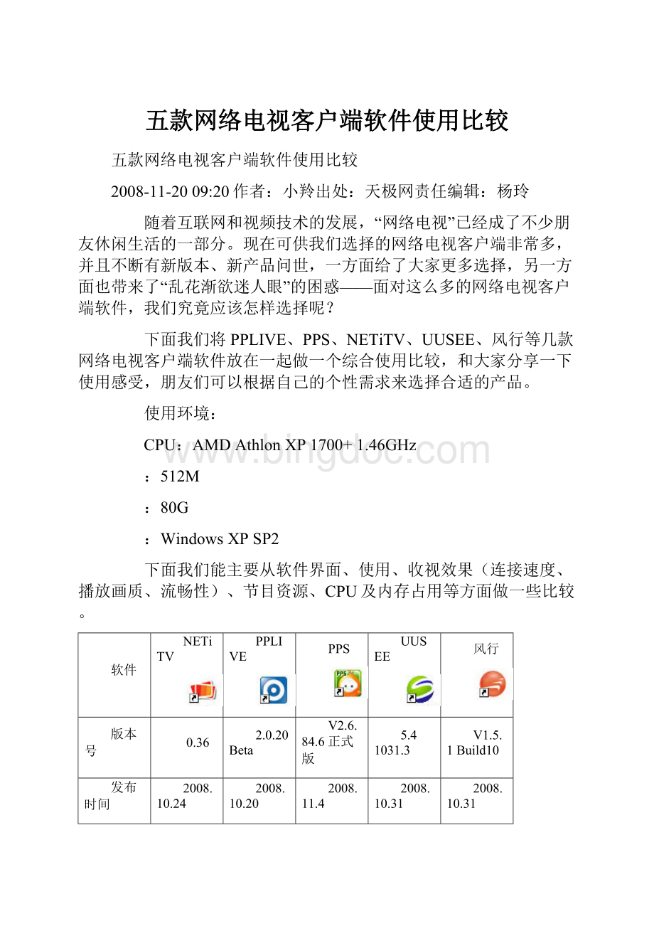 五款网络电视客户端软件使用比较.docx