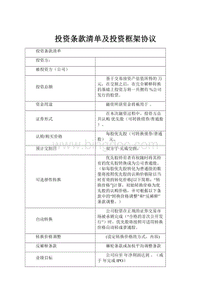 投资条款清单及投资框架协议.docx