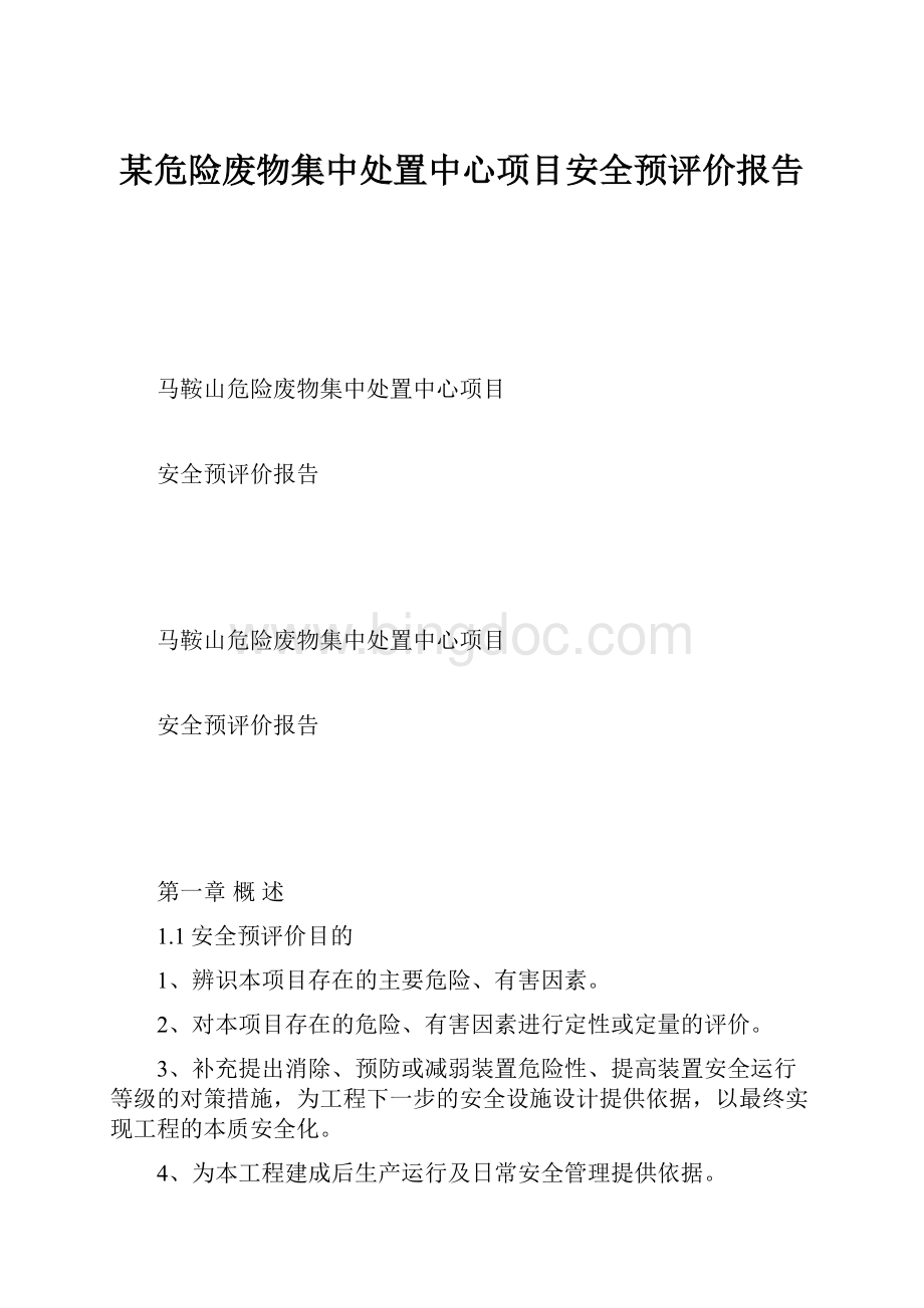 某危险废物集中处置中心项目安全预评价报告.docx