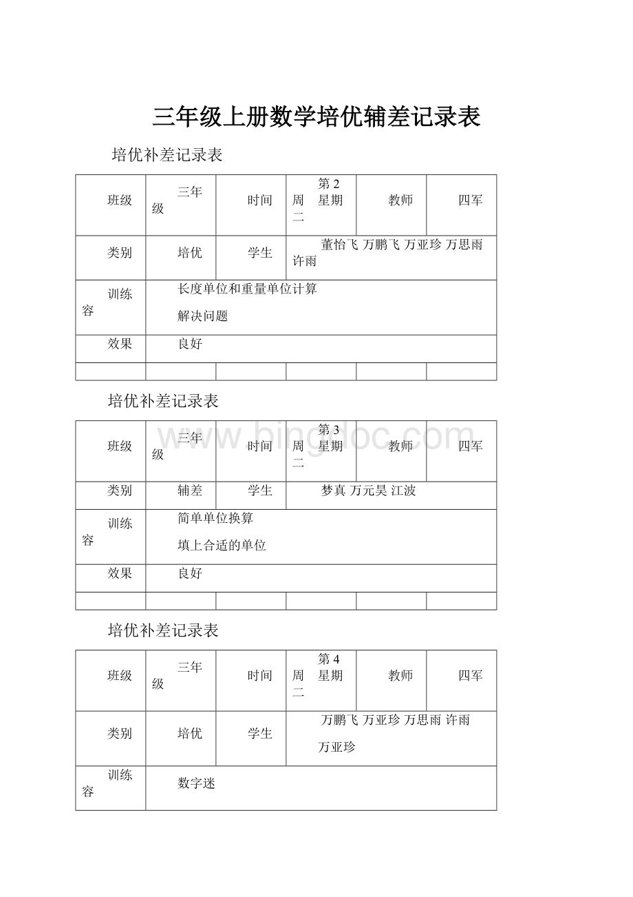 三年级上册数学培优辅差记录表.docx