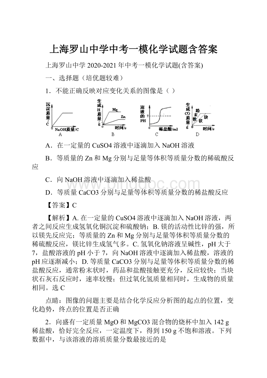 上海罗山中学中考一模化学试题含答案.docx