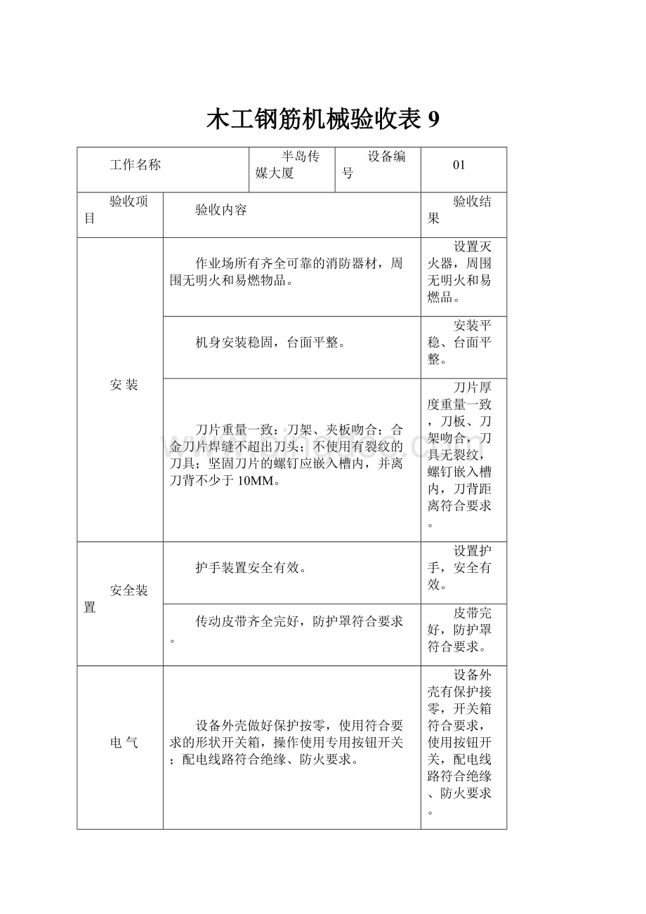 木工钢筋机械验收表9.docx