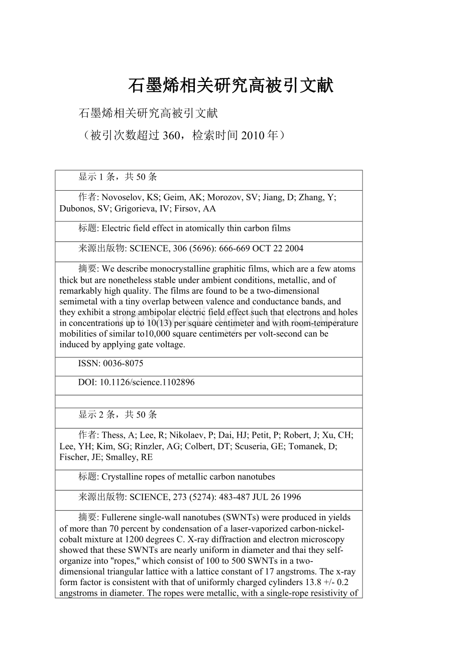 石墨烯相关研究高被引文献.docx_第1页