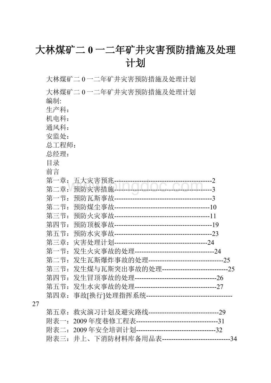 大林煤矿二0一二年矿井灾害预防措施及处理计划.docx