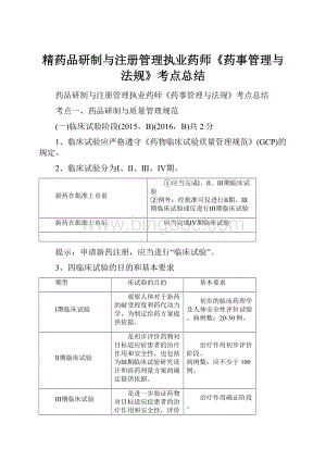 精药品研制与注册管理执业药师《药事管理与法规》考点总结.docx