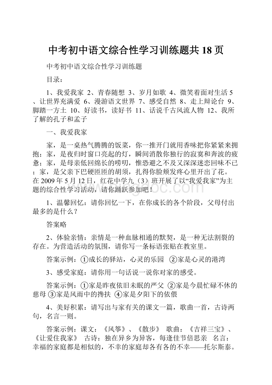 中考初中语文综合性学习训练题共18页.docx_第1页
