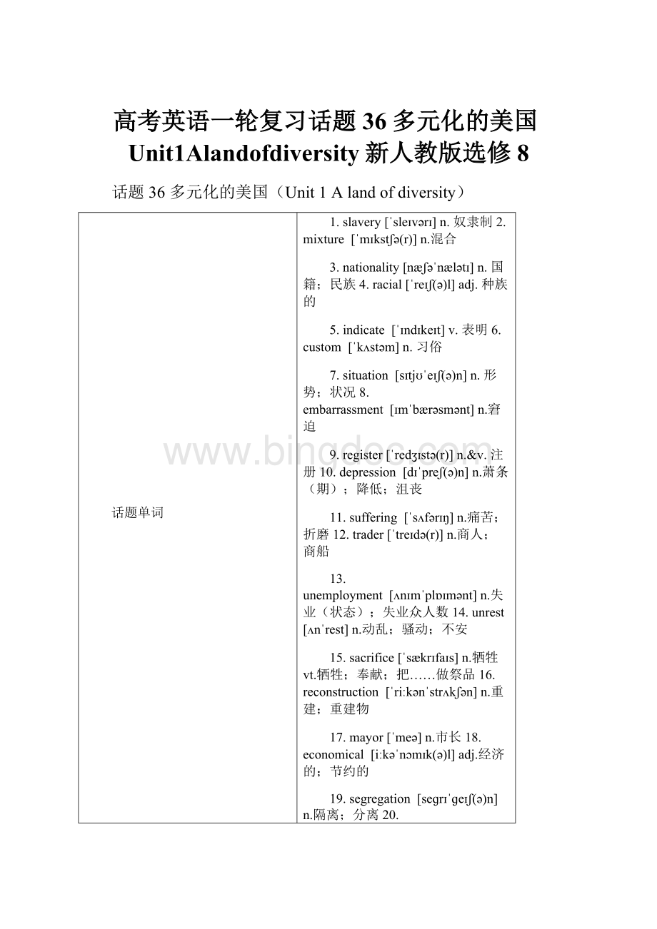 高考英语一轮复习话题36多元化的美国Unit1Alandofdiversity新人教版选修8.docx