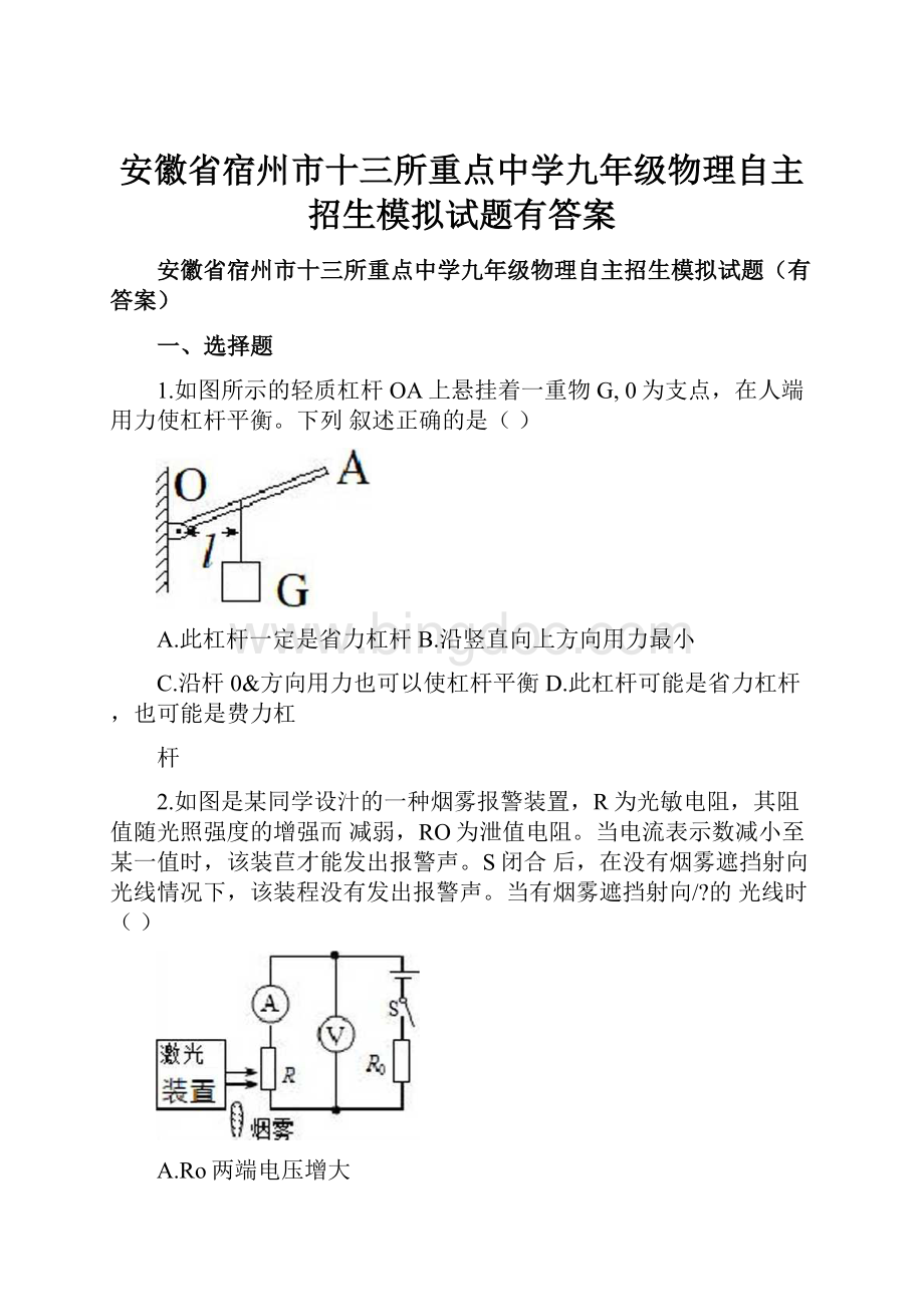 安徽省宿州市十三所重点中学九年级物理自主招生模拟试题有答案.docx_第1页