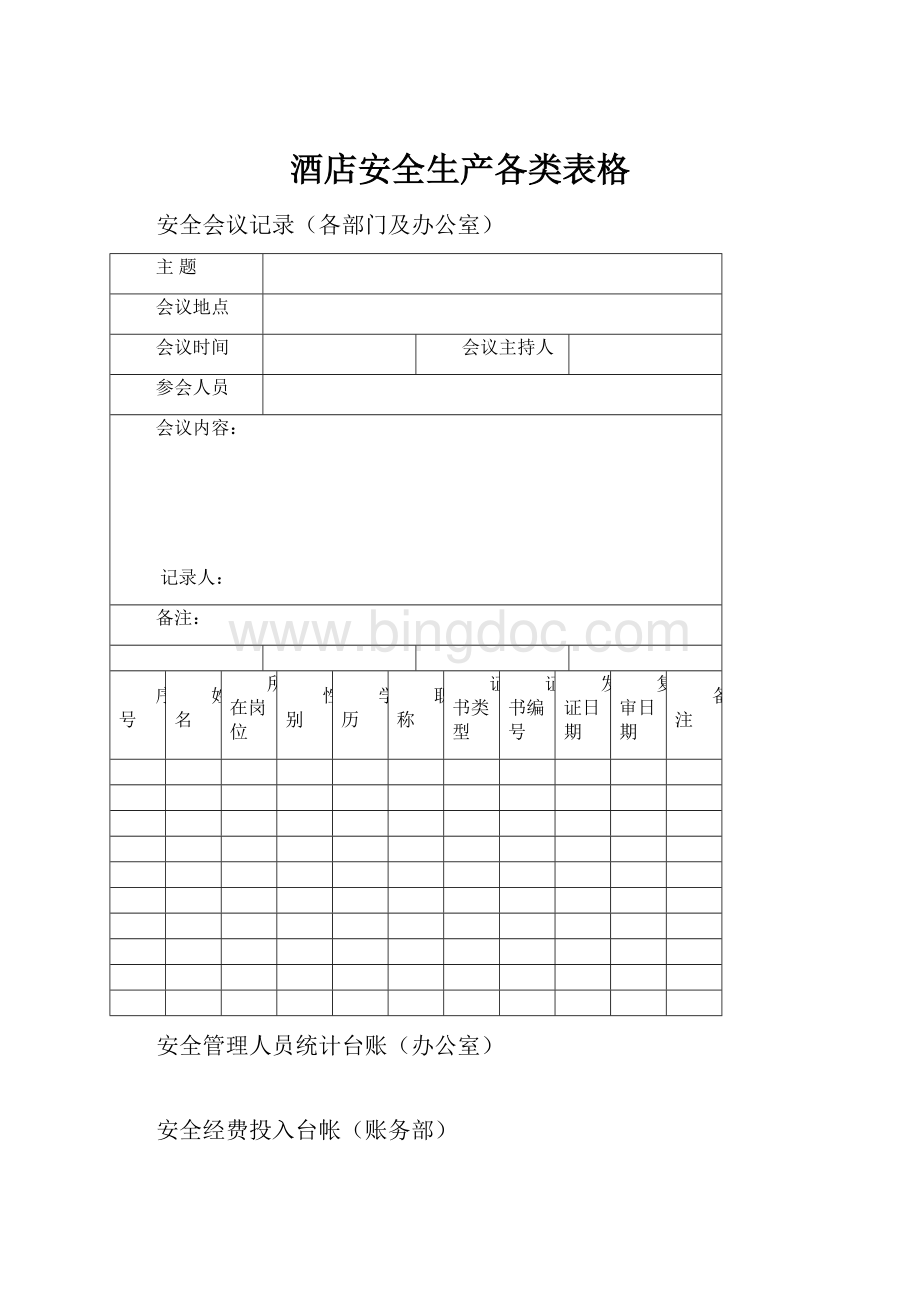 酒店安全生产各类表格.docx_第1页