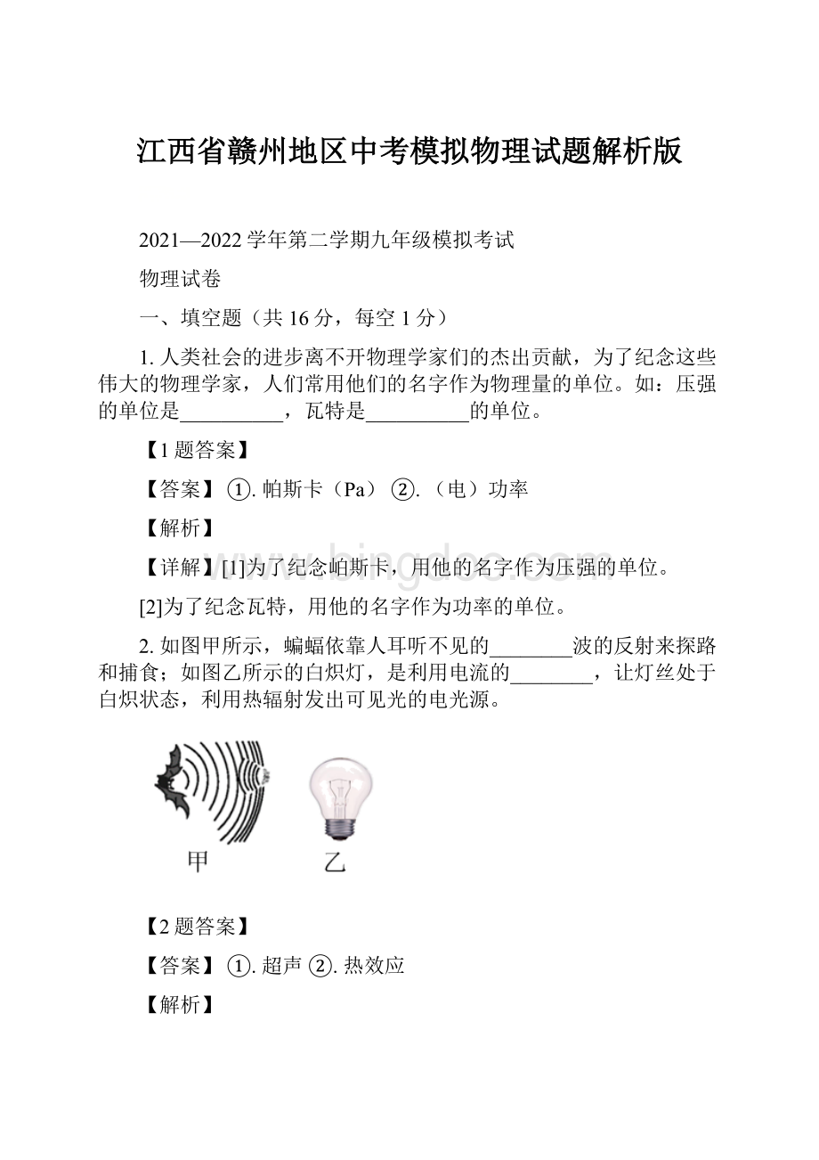 江西省赣州地区中考模拟物理试题解析版.docx