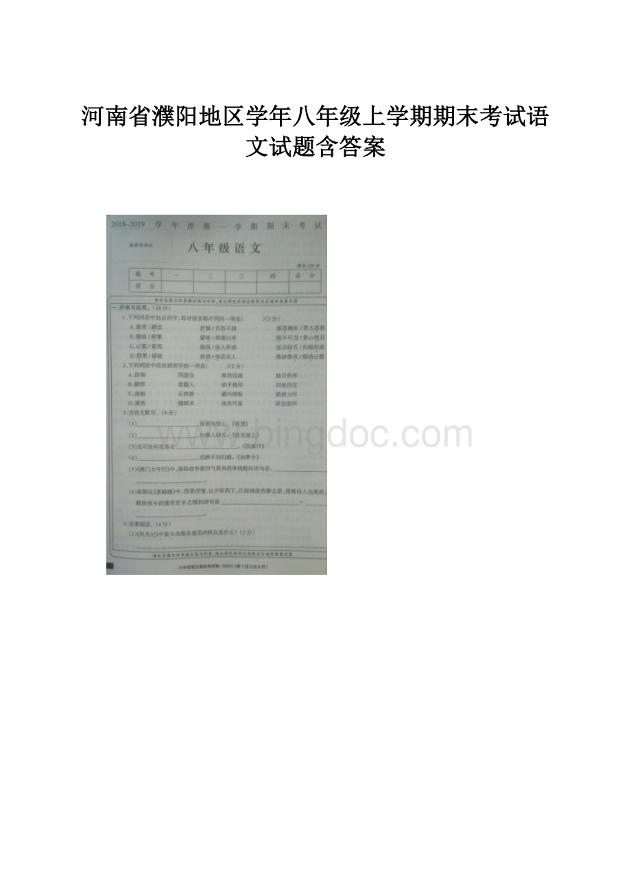 河南省濮阳地区学年八年级上学期期末考试语文试题含答案.docx