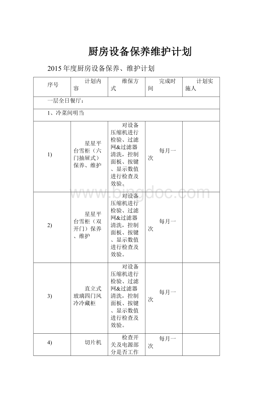 厨房设备保养维护计划.docx