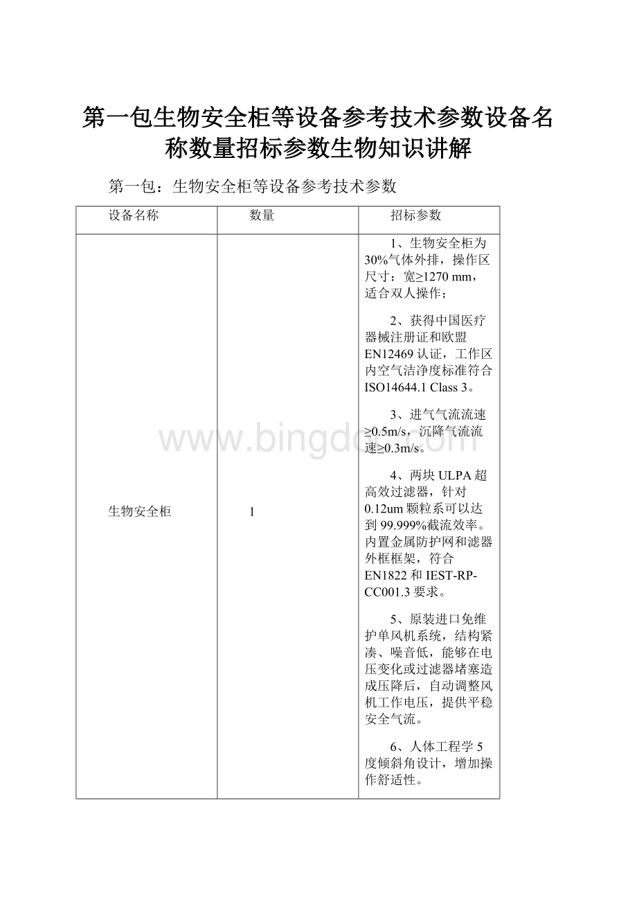 第一包生物安全柜等设备参考技术参数设备名称数量招标参数生物知识讲解.docx_第1页