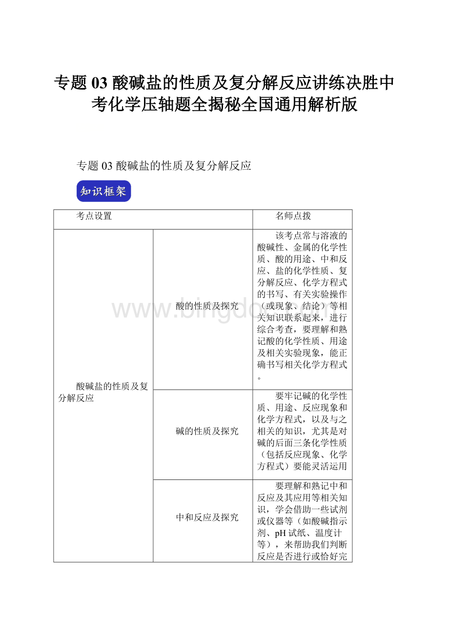 专题03 酸碱盐的性质及复分解反应讲练决胜中考化学压轴题全揭秘全国通用解析版.docx