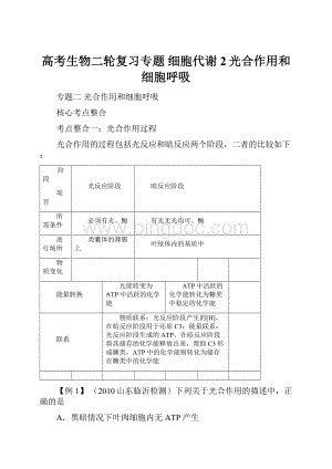 高考生物二轮复习专题 细胞代谢2光合作用和细胞呼吸.docx