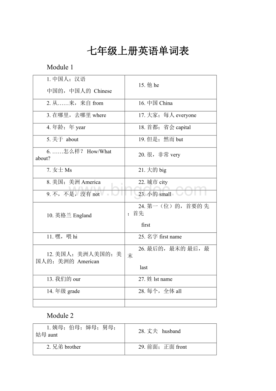 七年级上册英语单词表.docx